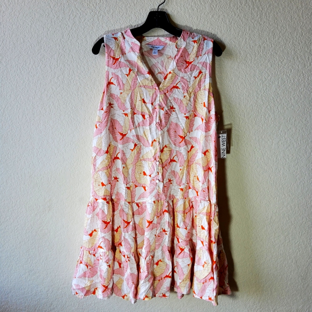 Nine West New Pink Palm Leaf Print 100% Rayon Dress Size M